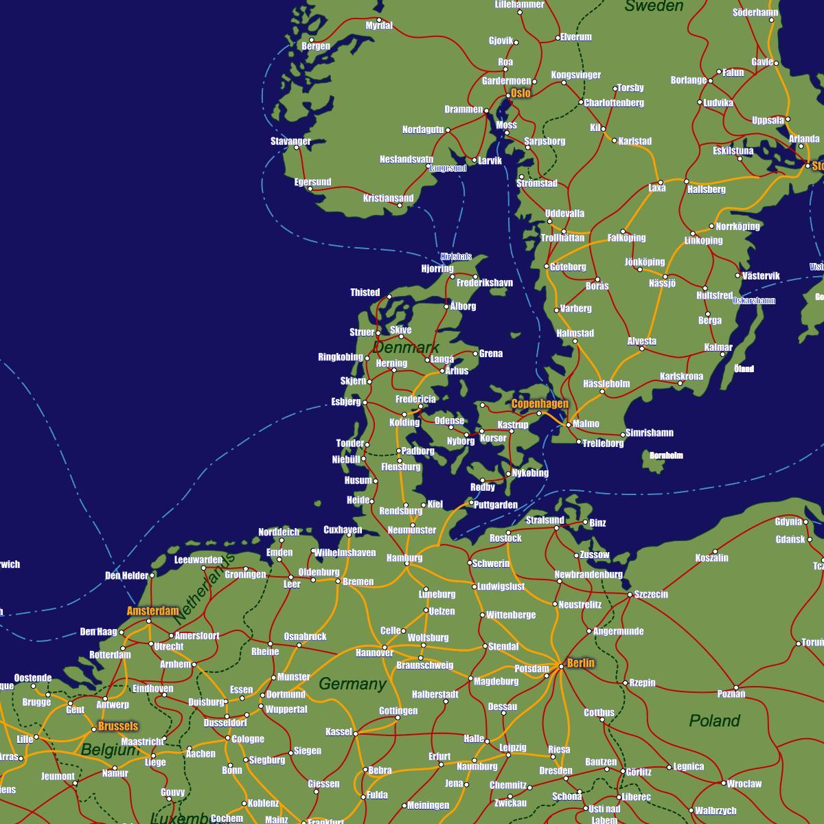 Tanska juna kartta - Tanska rail kartta (Pohjois-Eurooppa - Eurooppa)